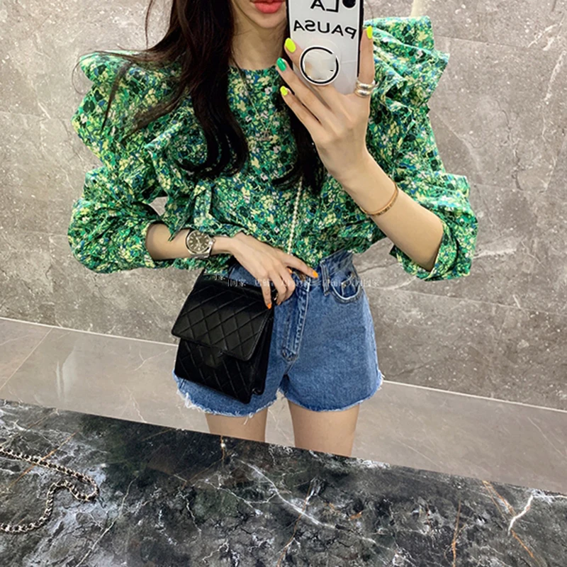 Блузка женская с цветочным принтом винтажная зеленая рубашка оборками корейский