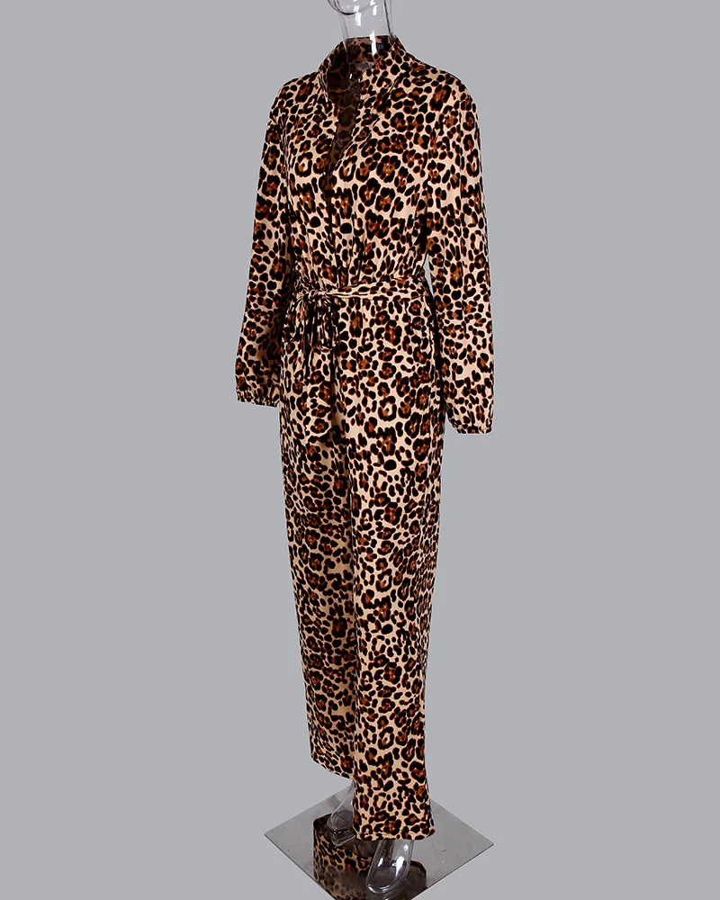 2021 Leopard Print Button Design Wide Leg Jumpsuit Long Sleeve Romper Sheer Mesh Glitter Ruched Wrap Jumpsuit
