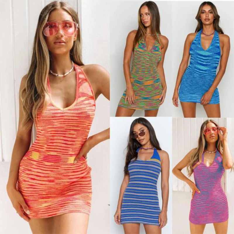 

2021 V Neck Knitted Dress Bodycon Blue Women Halter Neck Backless Bandage Summer Beach Sleeveless Sexy Mini Dresses Y2K
