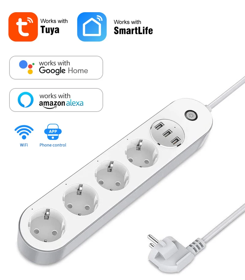 

Tuya Wifi Smart Power Strip EU Smart Power Bar Multiple Outlet Extension Cord With 2 USB 4 AC Plugs With Alexa Google Home