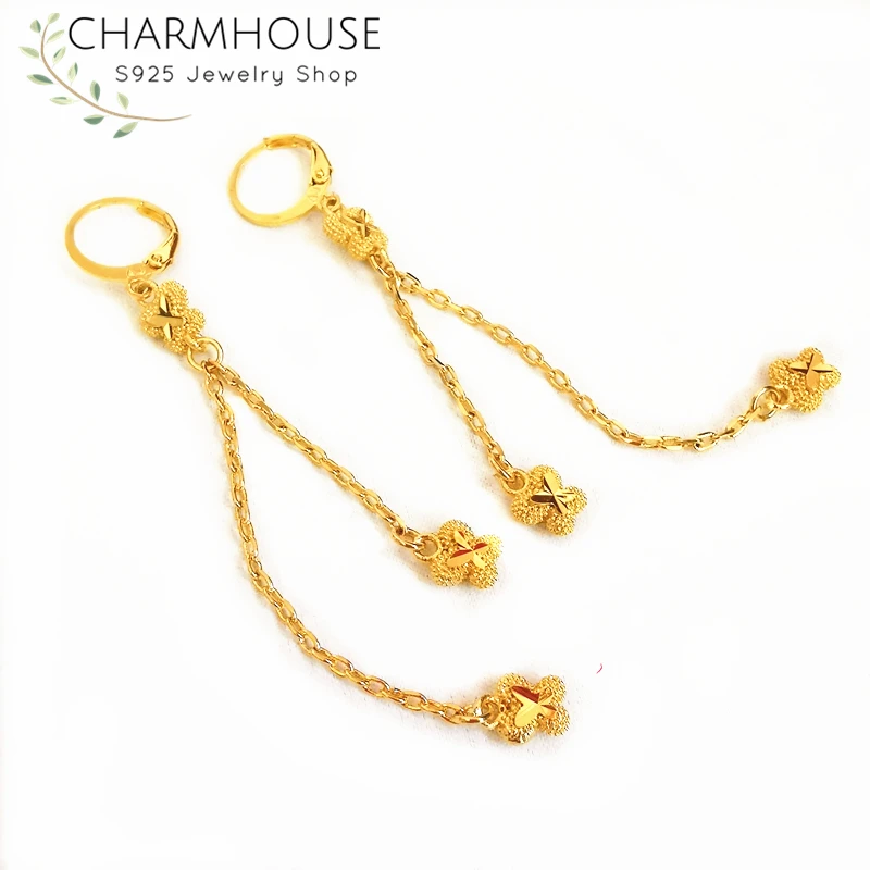 Charmhouse 24K Желтые серьги золотого цвета для женщин двойная линия Бабочка Длинные с