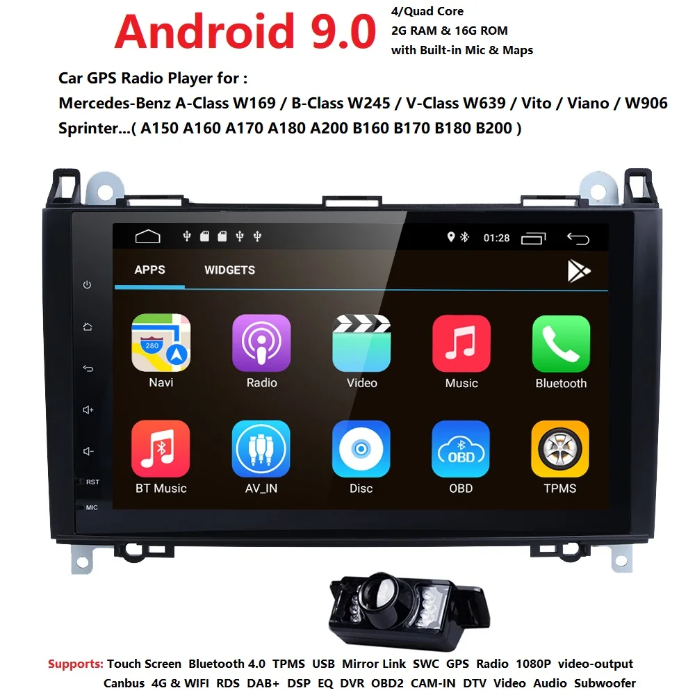 " 2 GB ram Android 9,0 автомобильный без DVD gps радио плеер для Mercedes Benz Sprinter W169 W245 W906 A/B класс Vito Viano W469 W639+ Cam