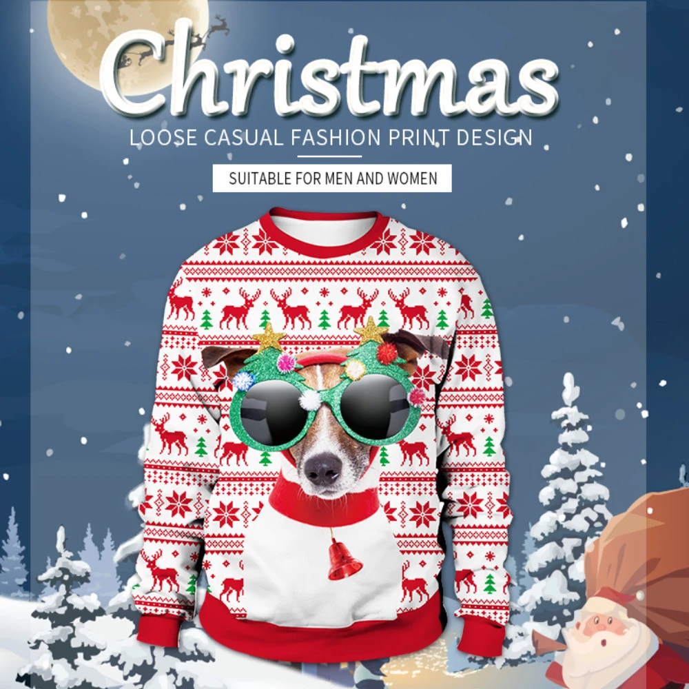 

Fashion Glasses Dog Christmas Digital Printing Pattern Lovers Sweater Polyester Casual Pullovers Kawaii Plus Size O-Neck Top