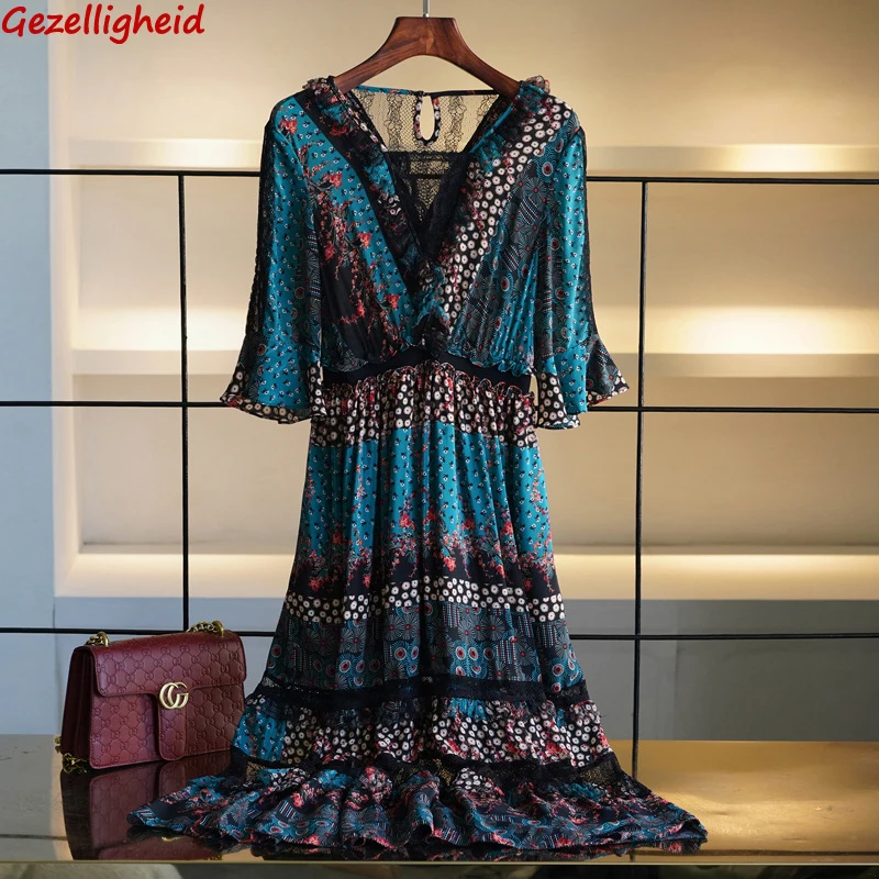 

Gezelligheid Dresses For Women 2021 Summer Fashion Designer Elegant V-Neck Vintage Print Floral Lace Party 100% Silk Midi Dress