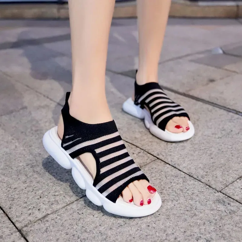 

2021Summer New Comfort Peep Toe Beach Shoes Retro Flying knit Sports Sandals Stretch Fabric Mesh Hollow Platform Casual Shoes