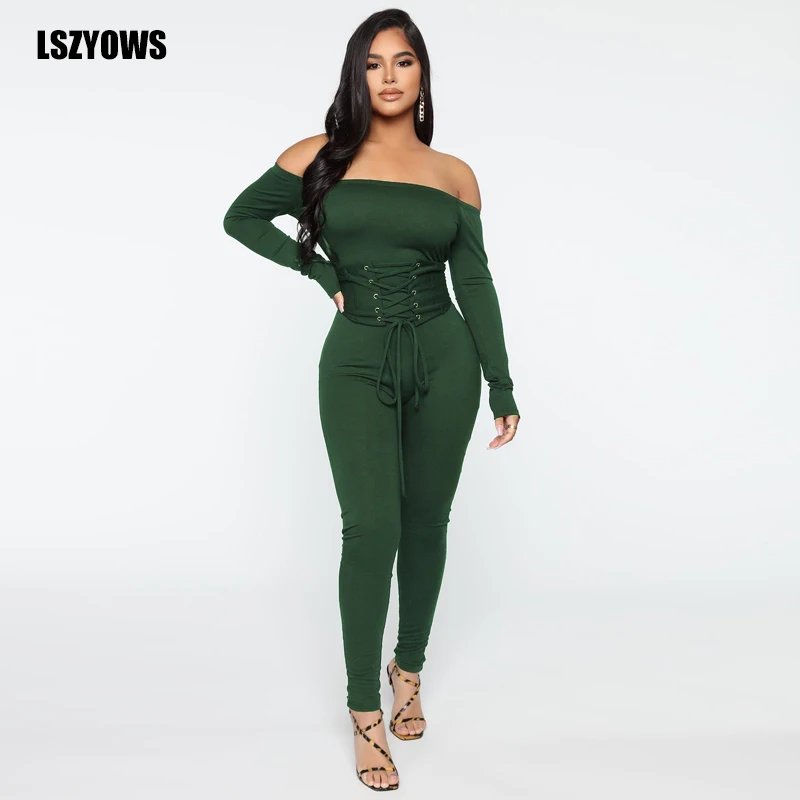 

Women Lace Up Sexy Bodycon Jumpsuit Solid Long Sleeve Slash Neck Rompers Casual Skinny Bandage Bodysuit Night Club Party Outfits