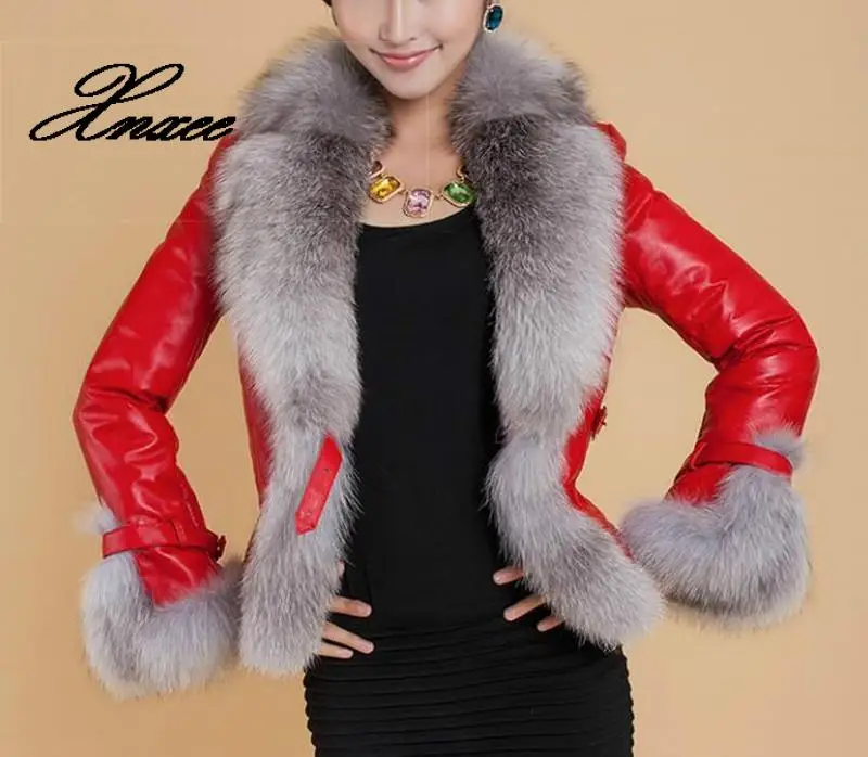 

Xnxee осенне-зимняя женская куртка пальто с мехом модная Имитация меха лисы меховой воротник для женщин пальто тонкий короткий PU кожаная курт...