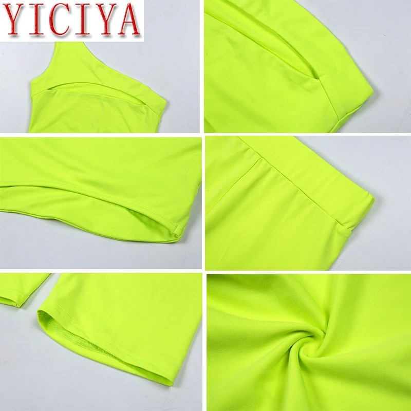 

Simenual Neon Color Women Two Piece Set One Shoulder Casual Tracksuits Cut Out Crop Top And Biker Shorts Sets Sporty Active Wear