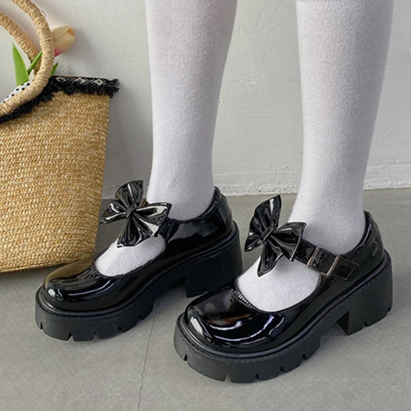 

Rimocy Fashion Bow British Style Lolita Shoes Women 2021 Sweet Lovely Thick Heel Mary Janes Woman Platform High Heel Single Shoe
