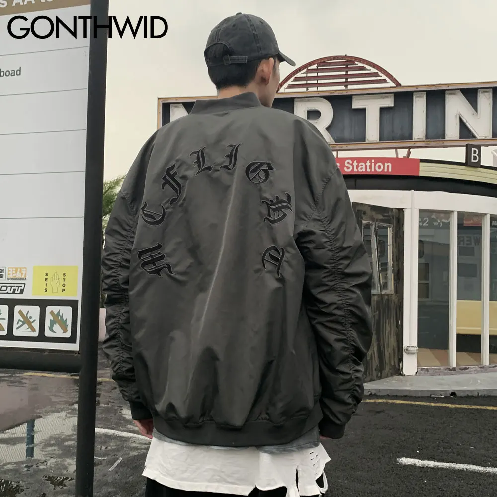 

GONTHWID MA1 Army Flight Military Bomber Jackets Streetwear Hip Hop Embroidery Zip Punk Rock Gothic Coats Harajuku Casual Tops