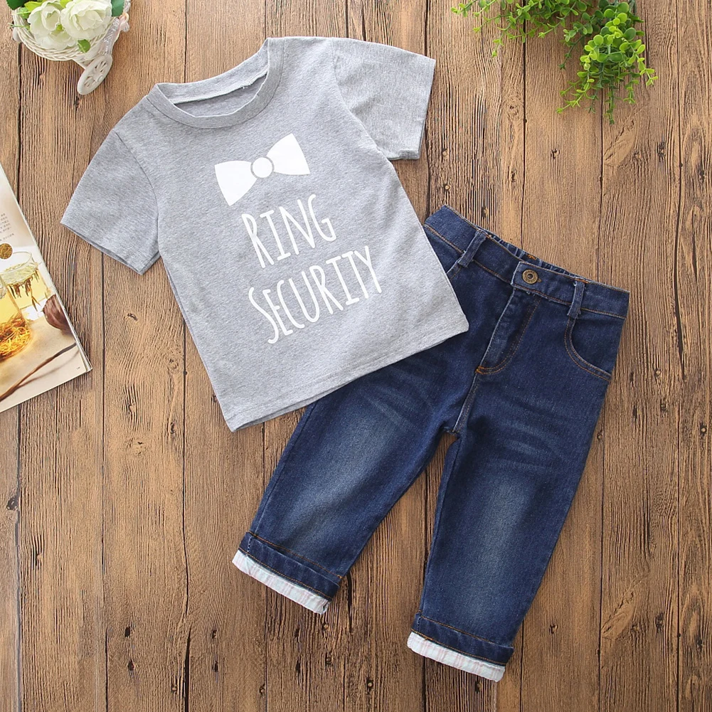 

Summer Kids Baby Boys Fashion Printed Short Sleeve T-shirt Denim Jeans Pants Casual Outfits 2pcs Set