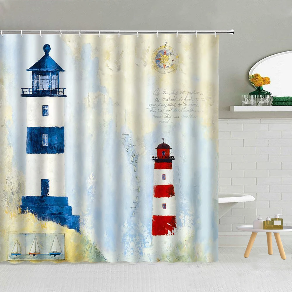 

Navy Lighthouse Shower Curtain Sea Night Natural Landscape Old World Map Bathroom Decor Waterproof Fabric Curtains With Hook Set
