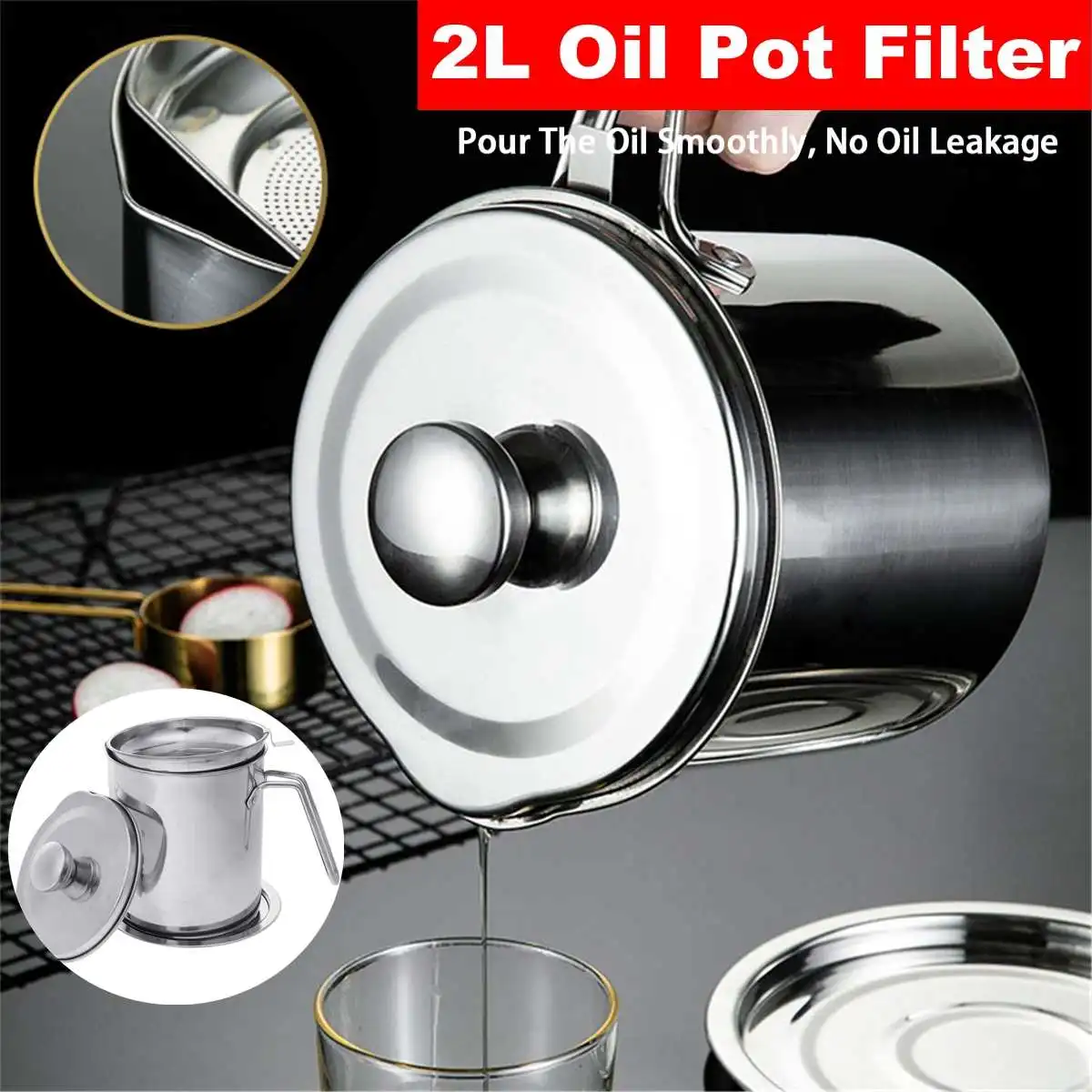

1.6L/2.0L Stainless Steel Household Oil Filter Pot Lard Strainer Tank Container Jug Large Capacity Storage Can Kitchen Tools