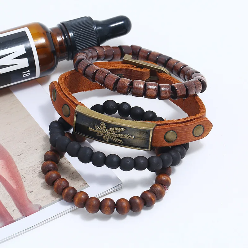 Браслет кожаный с деревянными бусинами 4 шт./компл. ретро-браслеты и браслеты