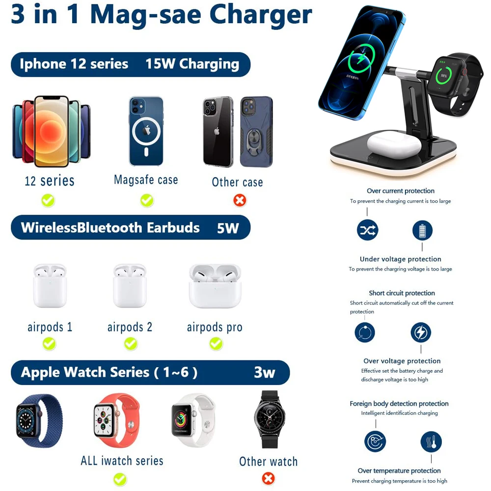 

3 in 1 Wireless Charger For IPhone 12 Pro Max 15W Fast Wireless Charging Station Strong Magnet Watch Chargers USB C-Cable