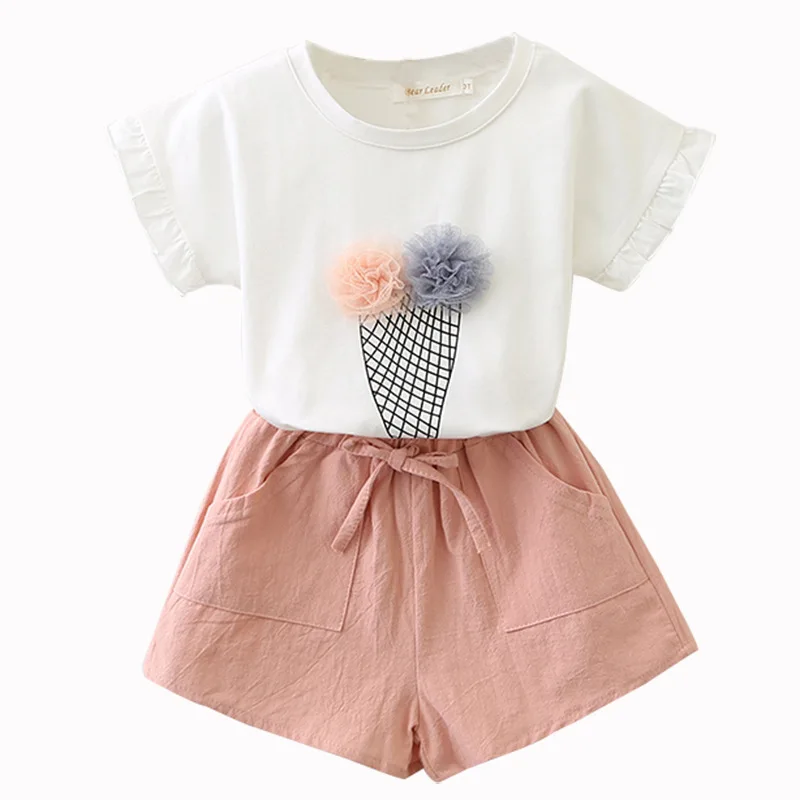 

Child's Summer Brand New Clothes Sets for Girls 2-6 Years Cartoon Ice-cream Pattern Cute T-shirt with Pocket Shorts Kid 2PCS