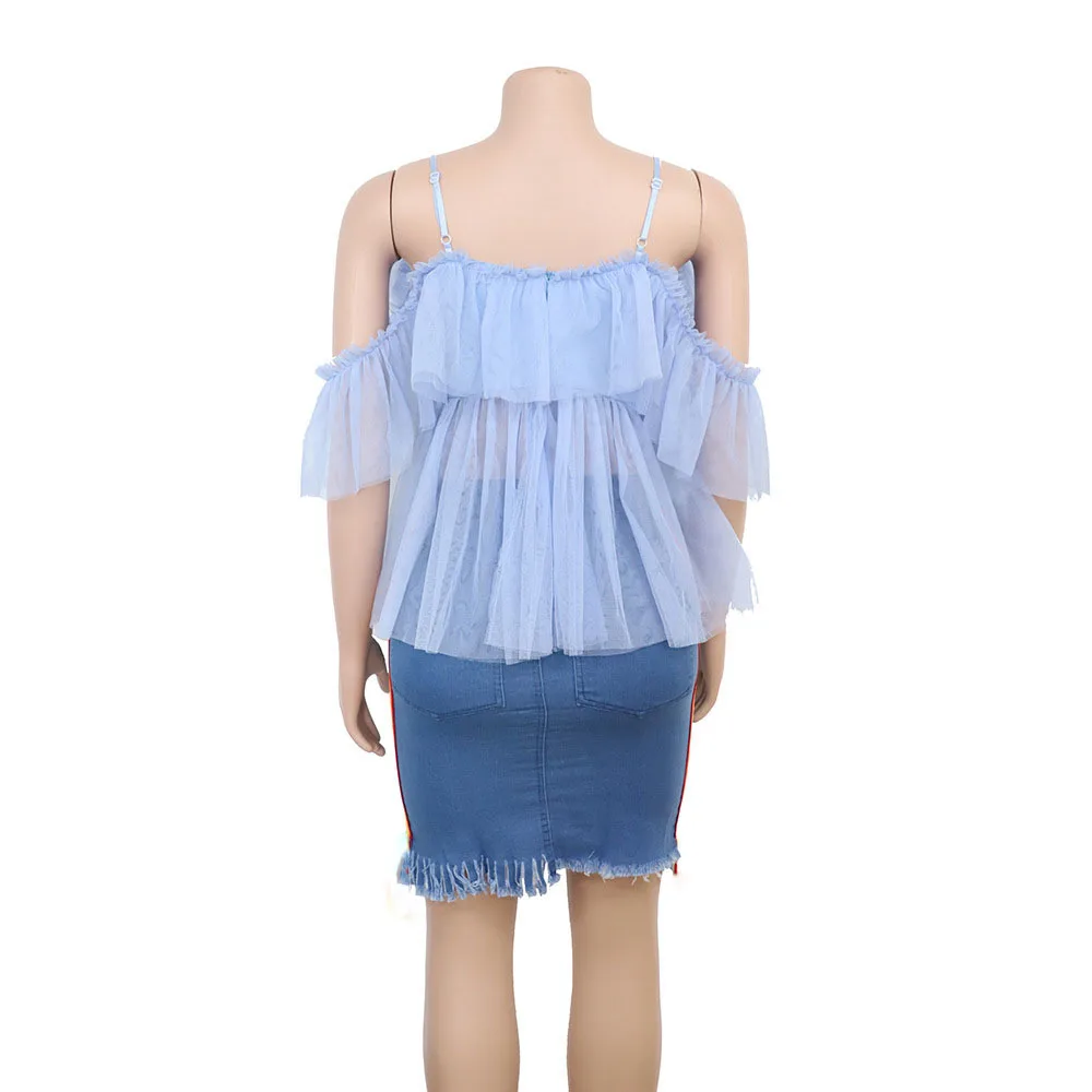 Fashion Women Off Shoulder Layer Mesh Blouses Sexy Summer Spaghetti Strap Backless Top Female Vintage Lace Up Ruffle Shirt