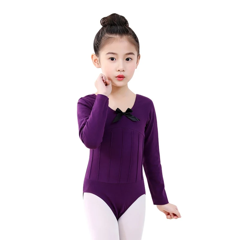 

One-piece Girls Ballet Leotards Dancewear Kids Long Sleeve Bow Tie Athletic Gymnastics Costumes