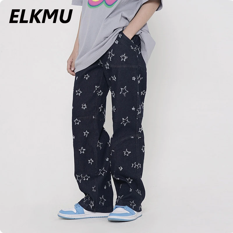 

Джинсы ELKMU мужские с вышивкой пентаграммы, уличная одежда, винтажные брюки из денима в стиле Харадзюку, с вышивкой, HM208