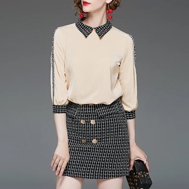 

MIUXIMAO 2019 Fall Suit Sets 2 Piece Fashion O-Neck Full Sleeve Withe Slim Blouse + Above Knee Skirt Winter Suit Vestidos