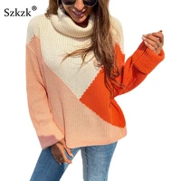 patchwork knit sexy sweater loose pullover female jumper autumn winter long sleeve turtleneck color block knitwear sweaters tops