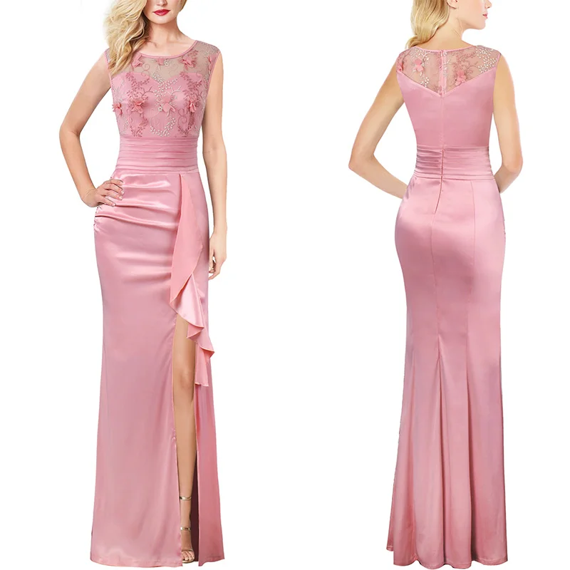 Pink Vfemage женское платье с вышивкой и рюшами, с высоким разрезом, вечернее, свадебное, для матери невесты, для особых случаев, длинное платье 290 - Цвет: Pink