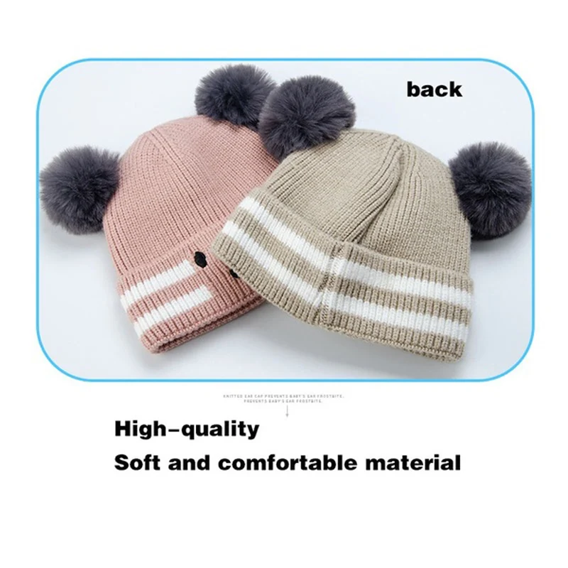 Baby Beanies Double Ball Wool Cartoon Pompom Hat Children Winter Knitted Hats Cute Cap for Girls Boys Thick Kids Beanies