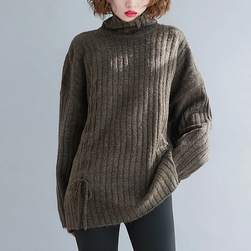 

SuperAen Winter Plus Size Casual Loose Turtleneck Drawstring All Match Strip Slim Warm Woman Sweaters