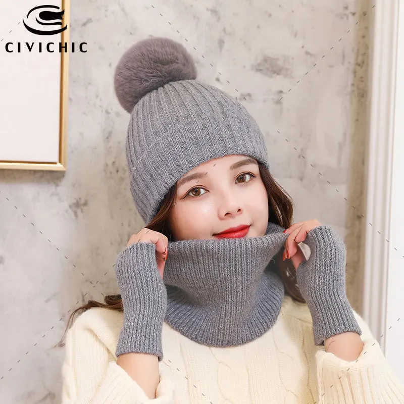 CIVICHIC для женщин Зимний теплый вязаный шарф шапка перчатки 3 предмета Комплект из
