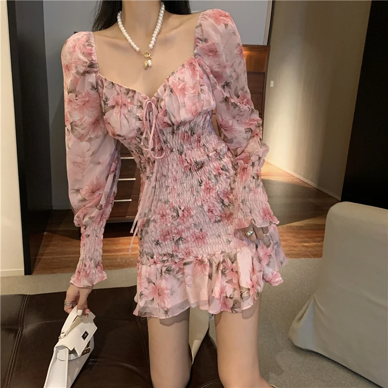

Women Square Collar Floral Print Long Sleeve Slim Waist Dress New 2021 Spring Off Shoulder High Waist Chiffon Ruffles Dresses