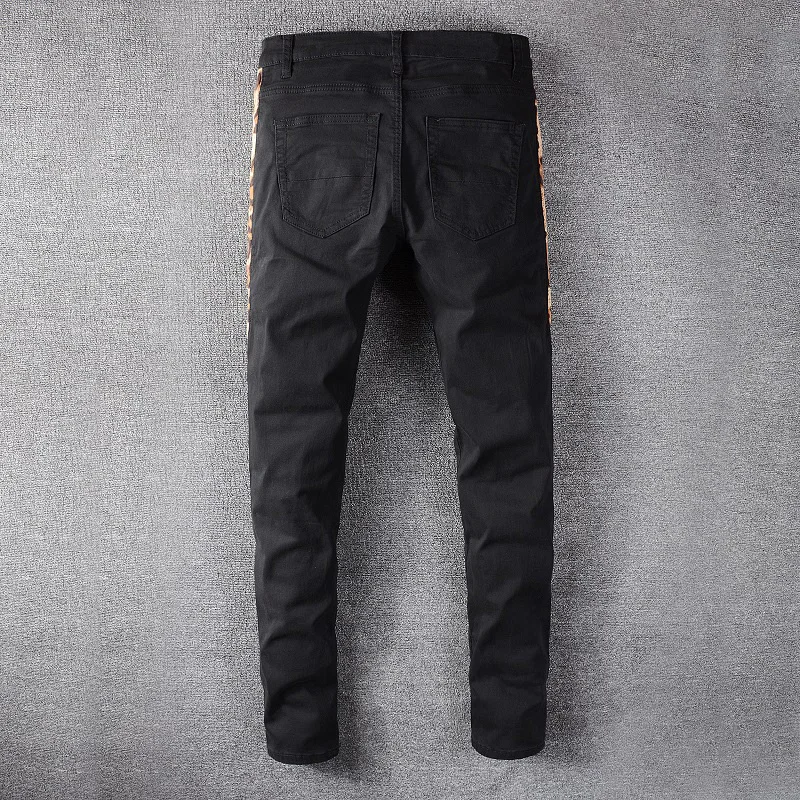 Мужские джинсы в стиле хип-хоп с леопардовым принтом черные Стрейчевые пэчворк