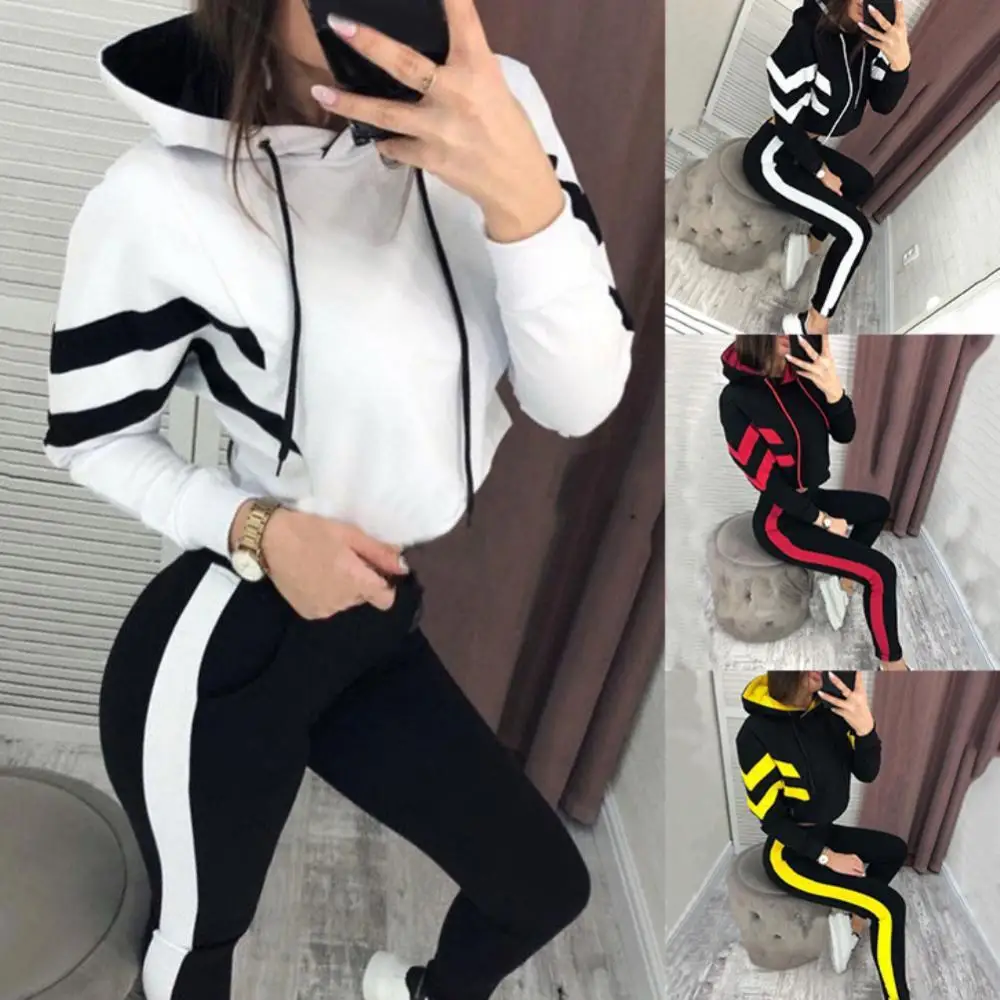 

2Pcs Women's Tracksuit Casual Women Jogging Suit Striped Tracksuits Hoodies Pants Sportswear Set Female Sportwear Women Clothing