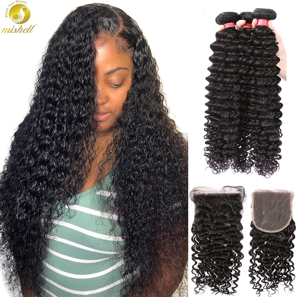 Mishell 28 30 40 Inches Deep Wave Bundles With Closure Brazilian Curly 100% Human Hair Water Wave 3 4 Bundles Weave Lace Frontal