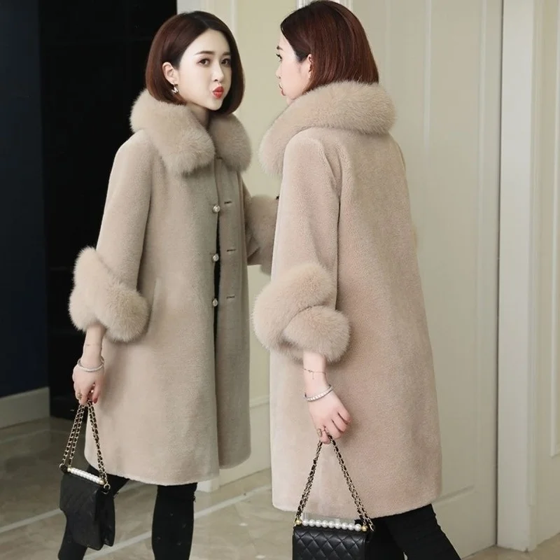 Women Winter Fox Collar Real Wool Coat Lady Natural Sheep Sheared Jacket Female Oversize Thick Warm Mid-Long Outerwear X82 enlarge