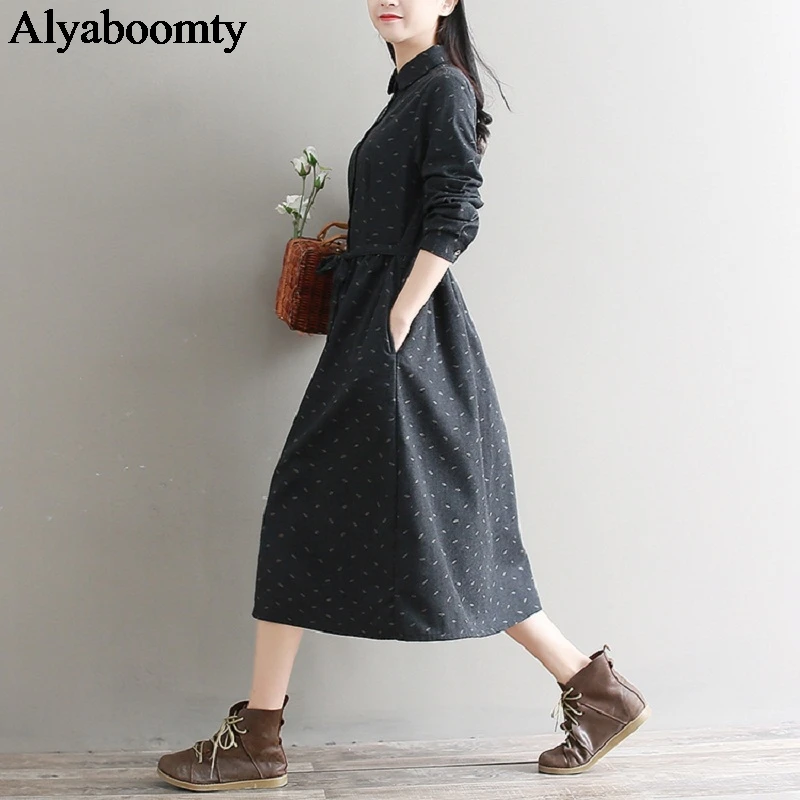 

Mori Girl Autumn Winter Women Dress Turn Down Collar Printed Vintage Femininos Vestidos Elegant Full Sleeve Cotton Dress