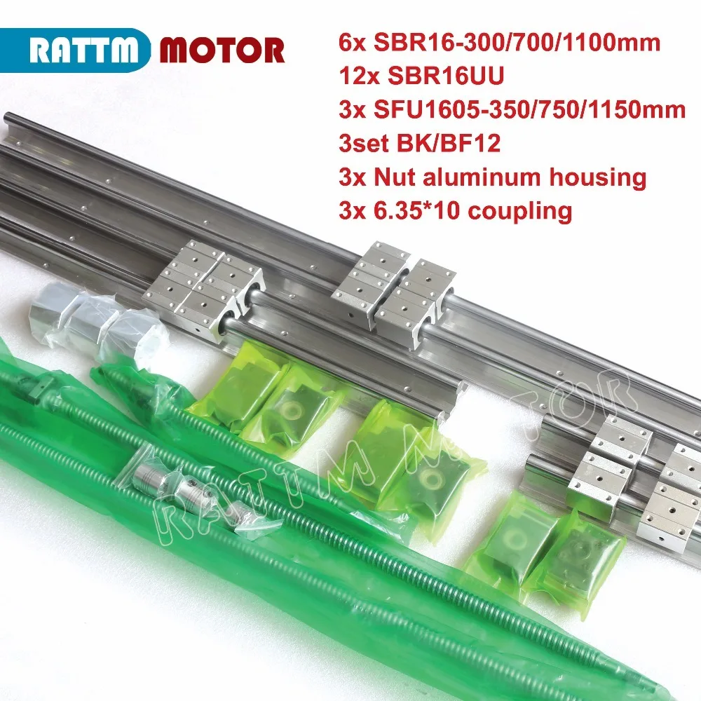 3 комплекта линейной направляющей SBR16 L-300/700/1100 мм& SFU/RM1605-350/750/1150 мм шариковый винт с гайкой& BK/B12& переходник для станков с ЧПУ фрезерный станок