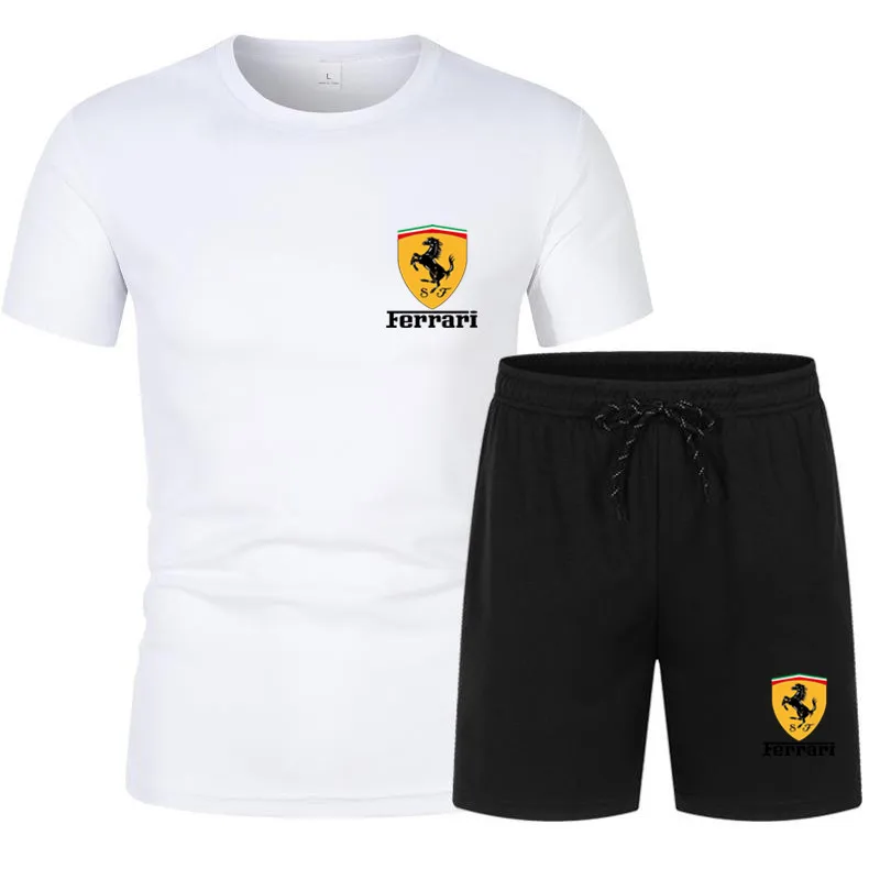 

2021 New Men's Short-sleeved T-shirt Car Logo Ferrari Summer Sports Suit Suit Color Matching Casual Fashion Short-sleeved Suit