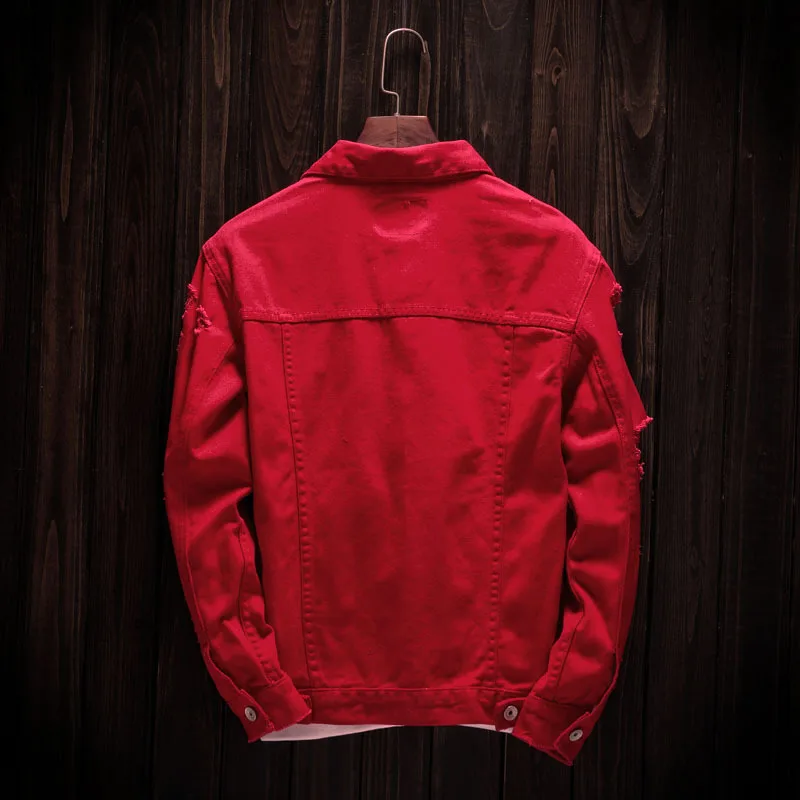Spring Autumn Ripped Hole Men Slim Denim Jacket Fashion Red Coat Streetwear Male Cool Jeans Motorcycle | Мужская одежда