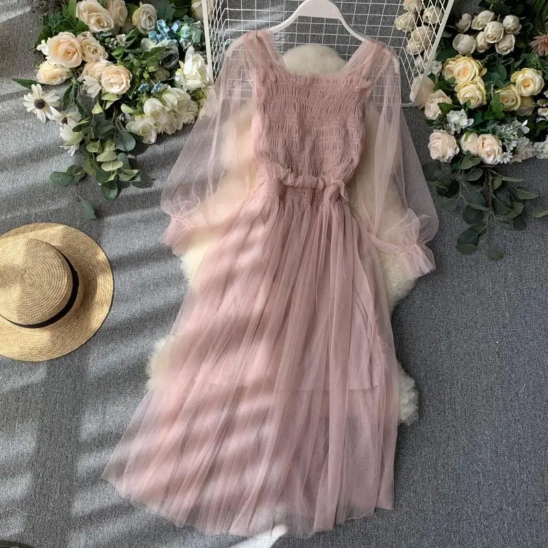 Французское платье феи летнее кружевное принцессы с квадратным вырезом супер