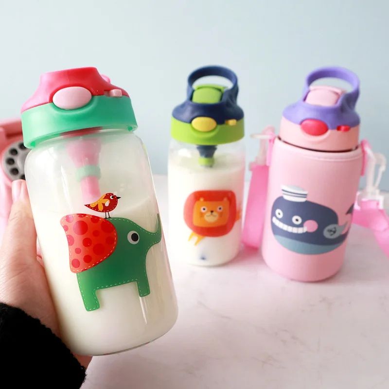 

Kids Animals Glass Water Bottle with Straw Bag Strap Carrier Locking Top Lid Leak Proof BPA Free Gilrs Boys Travel Hiking 500ml