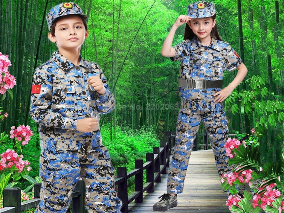 Детская военная форма, одежда для скаутинга в армейском стиле, камуфляжная детская одежда для костюмированной вечеринки+ штаны+ шляпа+ пояс, комплект для мальчиков и девочек, праздничные костюмы