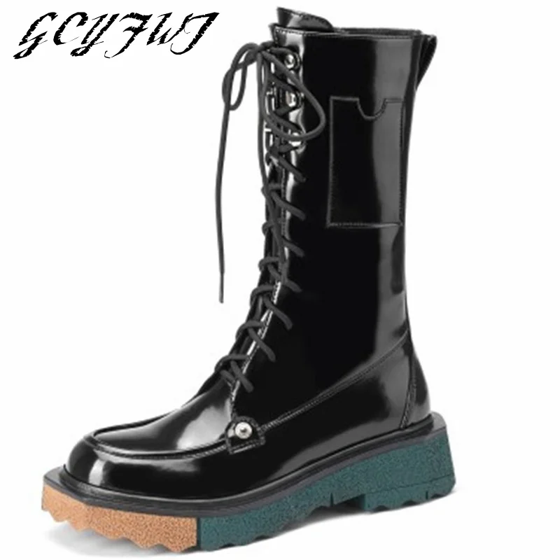 

Женские сапоги до середины икры со шнуровкой и круглым носком, плюшевые сапоги на высокой платформе, женские сапоги для банкета на толстой п...