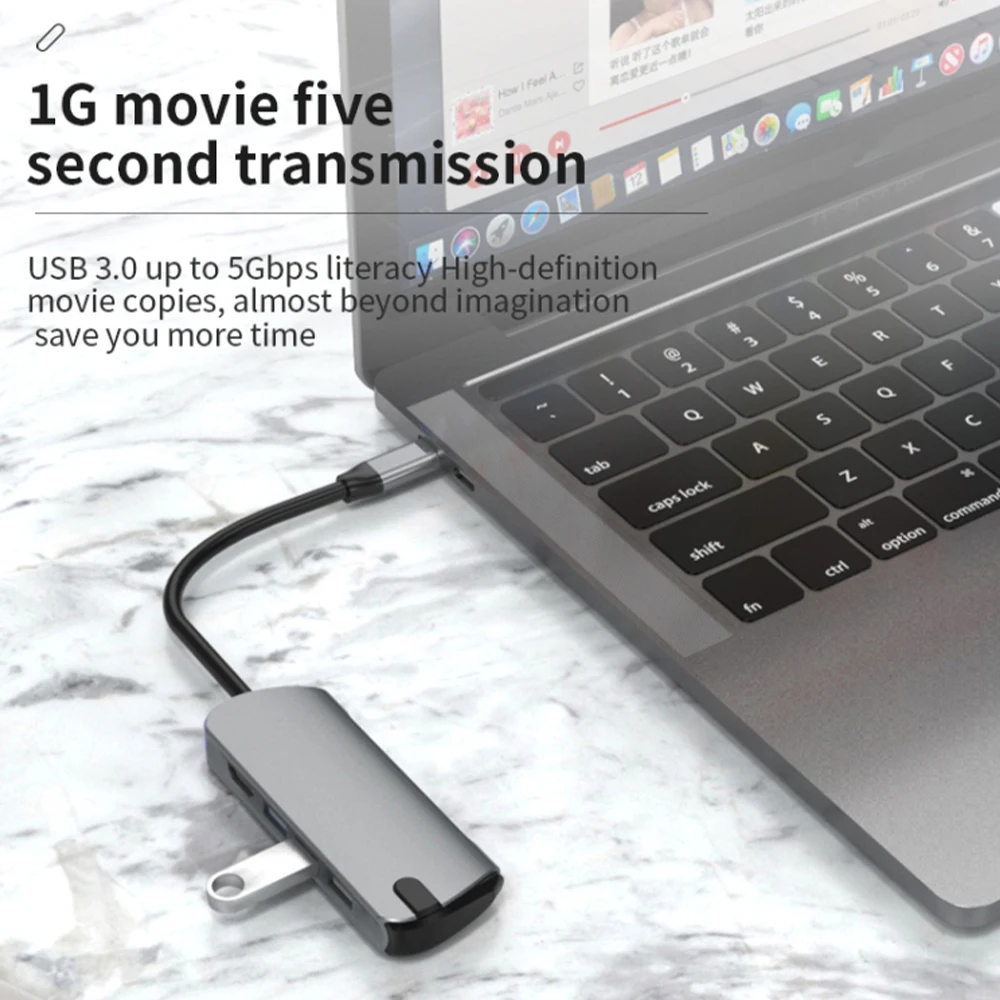 

6 in 1 Type C Adapter USB HUB with 3 USB 3.0 Port 4K HDMI-Compatible Support TF SD Card for Laptop Phone