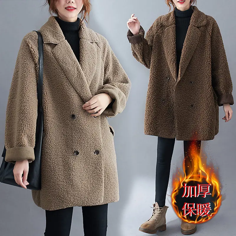 

Extra Large Woolen Coat Female Winter Faux Lamb Fur Jacket Vintage Casual Loose Warm Furry Overcoat Notched Mujer Abrigos y916