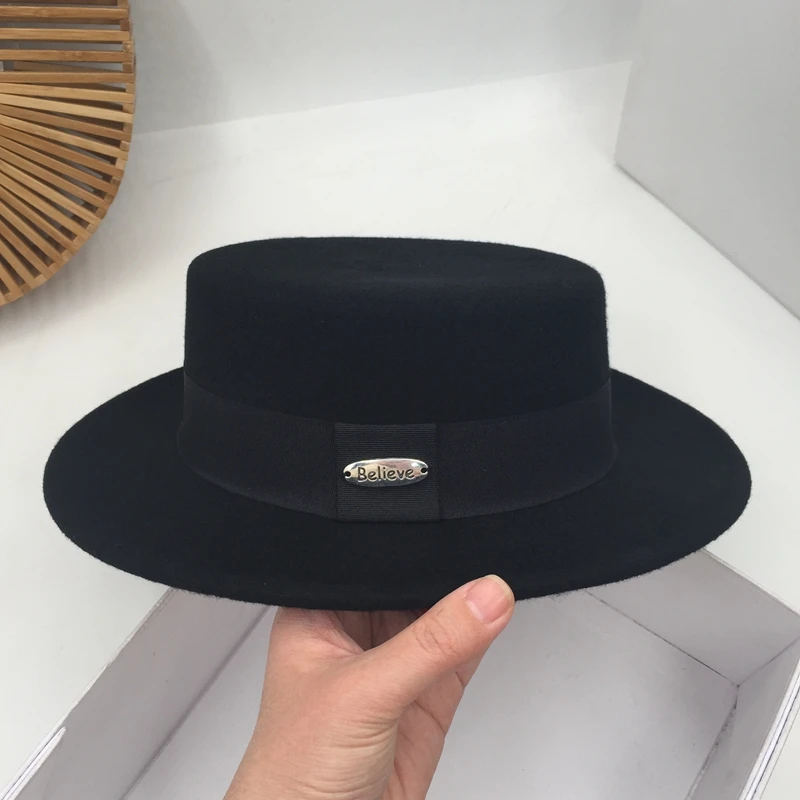 

Fedora flat-topped hat socialite black hat ins new fashion wool felt hats for women famale caps