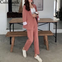 colorfaith 2021 new spring autumn woman sets 2 piece matching pants casual high elastic waist double breasted female suit ws1273
