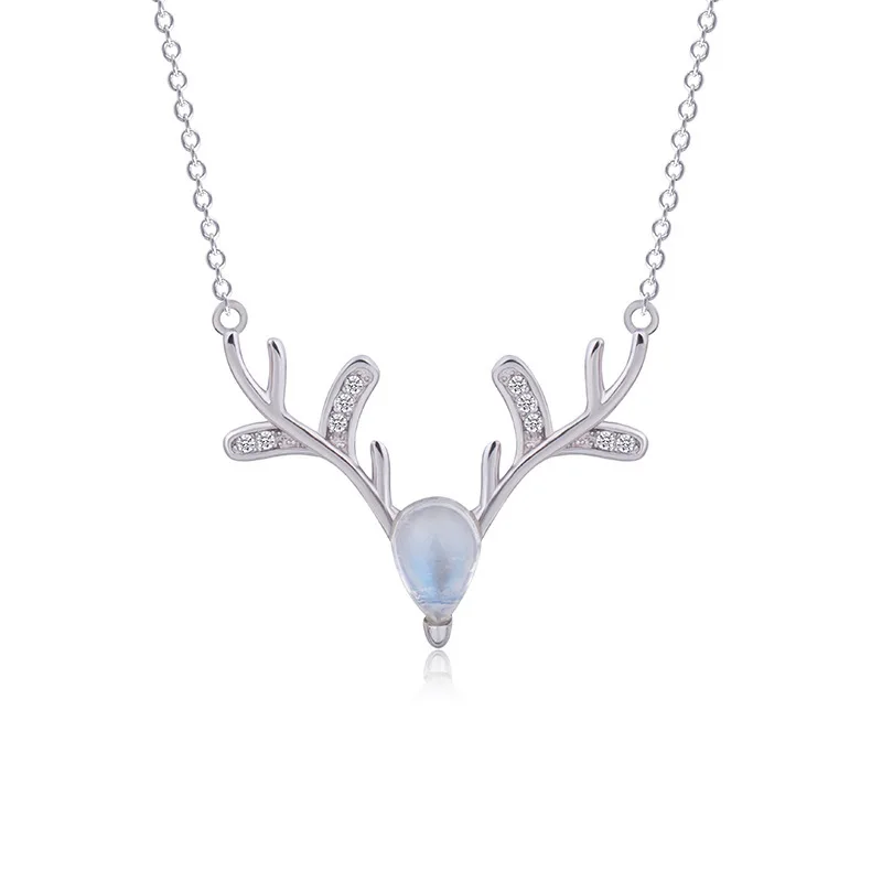 

CBO07 925 silver moonstone necklace elk pendant female Korean version of the simple clavicle chain