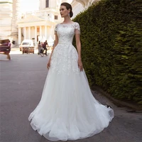 modest short sleeves tulle lace appliques wedding dress lace up back custom online bridal gowns 2020 robe de mariee european