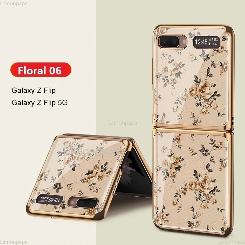 

Luxury Plating Case for Samsung Galaxy Z Flip 5G Cover Vintage Floral Tempered Glass Shockproof Shell for Samsung Z Flip Case