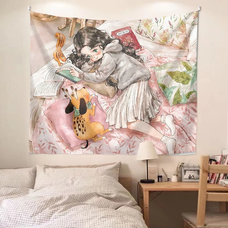 Ins Girl and Dog Background Cloth Wall Hanging Tapestry Hand-painted Dorm Room Girls Bedroom Dormitory Decor | Дом и сад